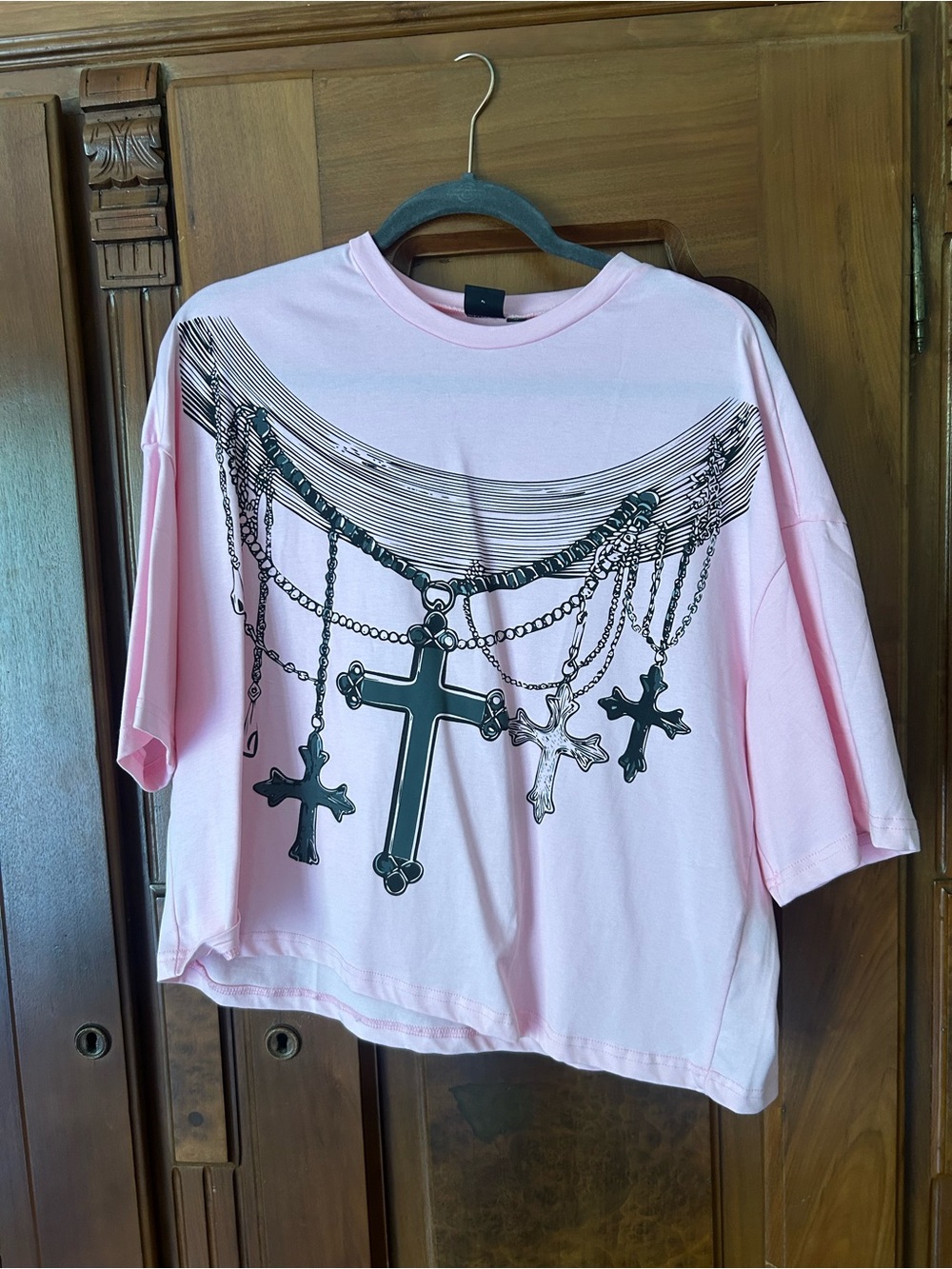 Pink Graphic Cross Necklace Print Tee